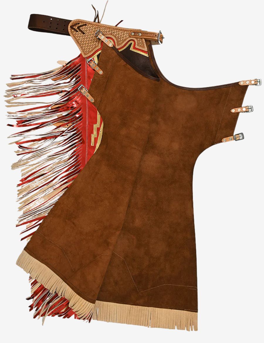 Inside buckle and strap view of brown rodeo chaps with genuine leather construction and metallic orange fringe.
