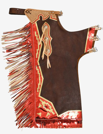 Brown genuine leather rodeo chaps with metallic orange fringe, western tooling, and classic rodeo styling.