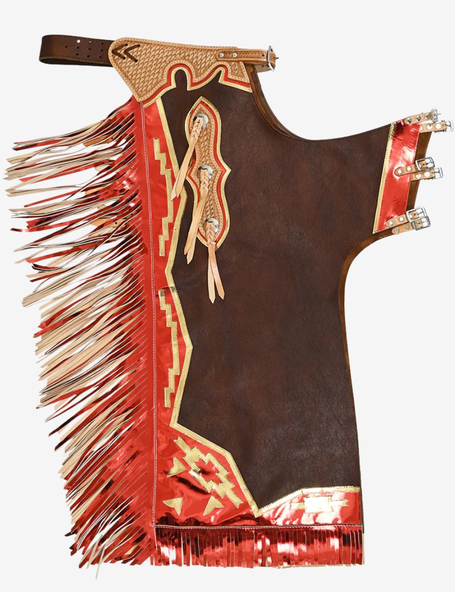 Brown genuine leather rodeo chaps with metallic orange fringe, western tooling, and classic rodeo styling.