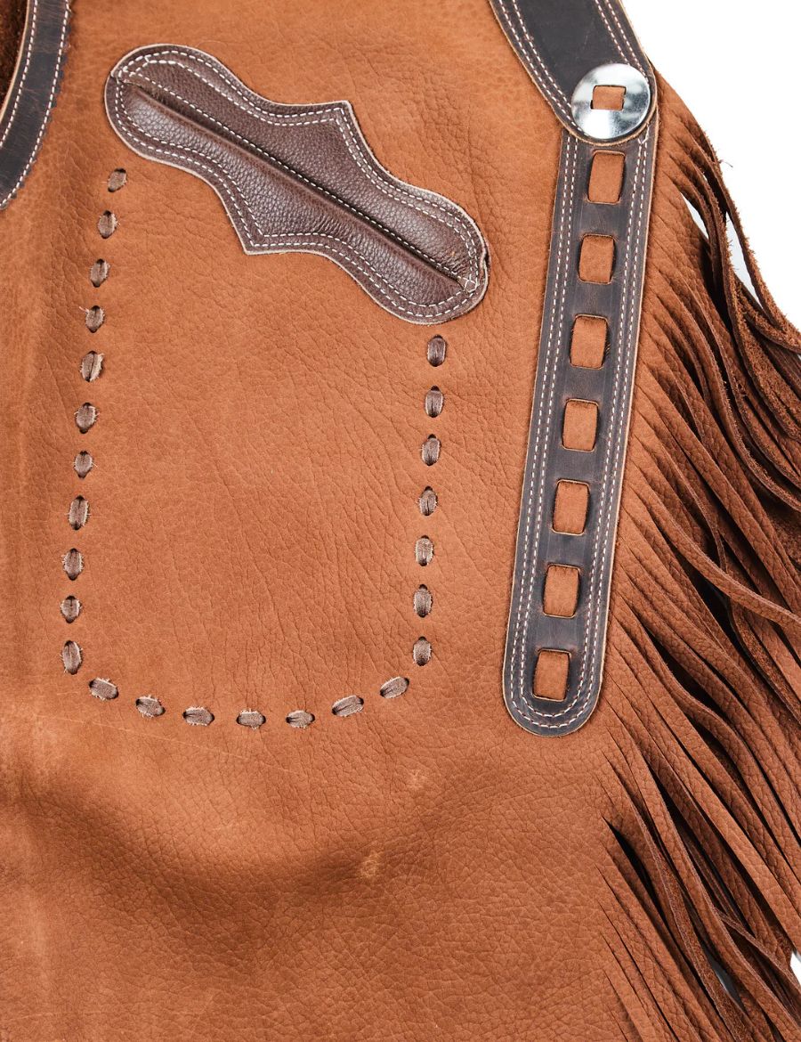 Bottom fringe detail of brown suede chinks chaps showing soft leather texture and classic cowboy styling. 