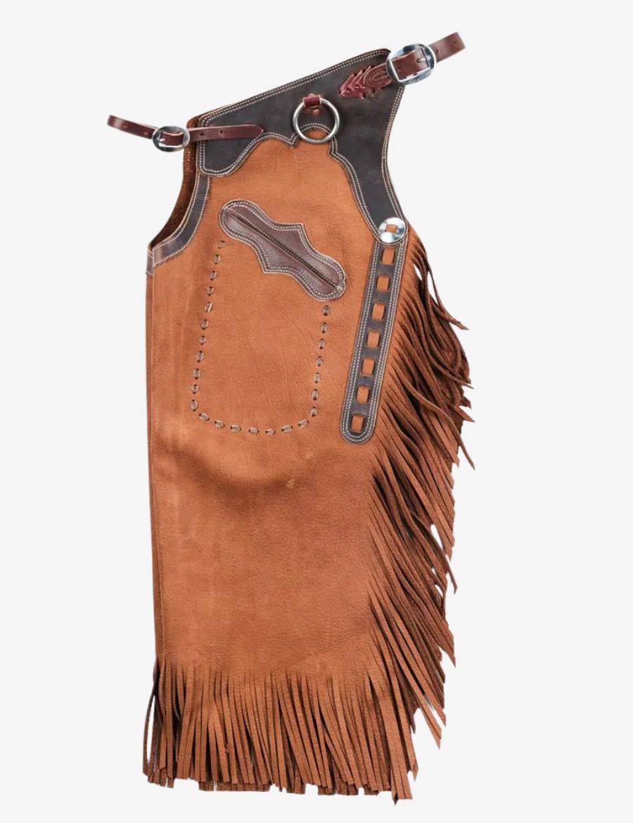 Front view of brown suede chinks chaps with fringe featuring western leather styling and rodeo craftsmanship.