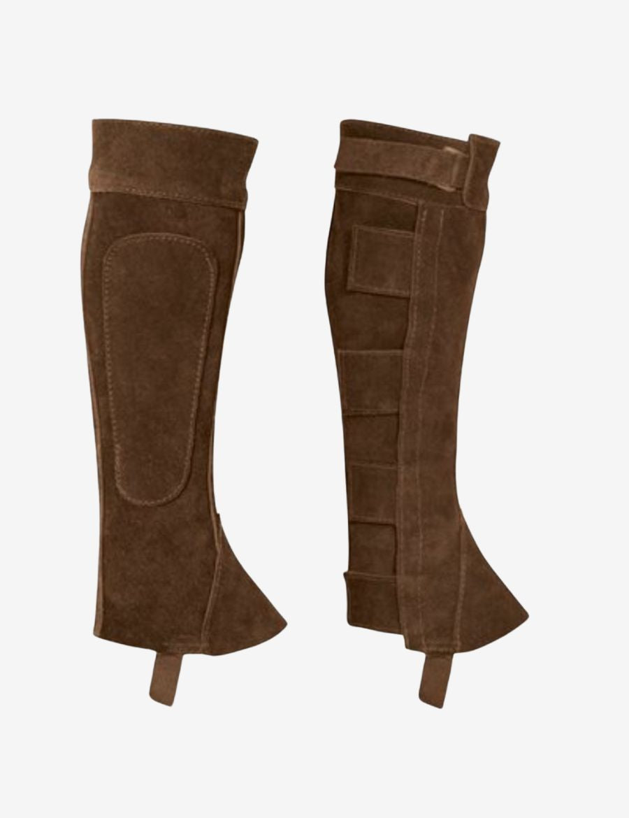 brown suede half chaps crafted from genuine leather, featuring a classic riding design with reinforced inner panels for horse riding