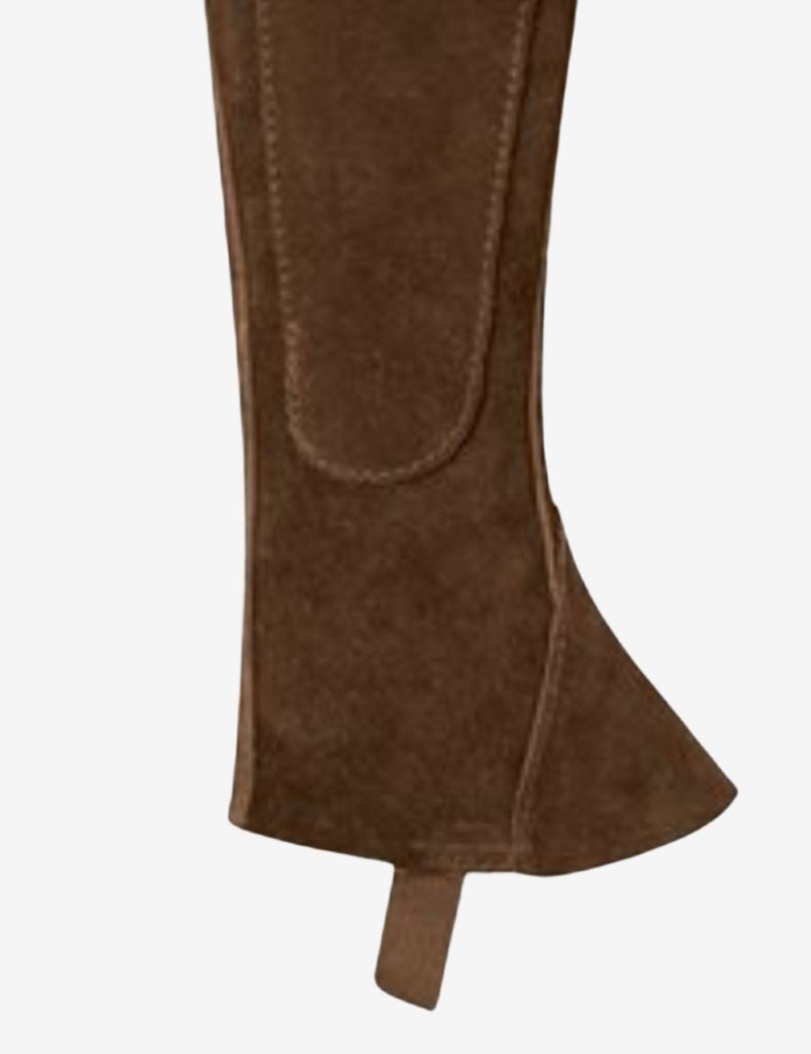 Detailed view of brown suede half chaps featuring an adjustable closure system, secure fit design, premium suede leather texture, and dependable performance for equestrian