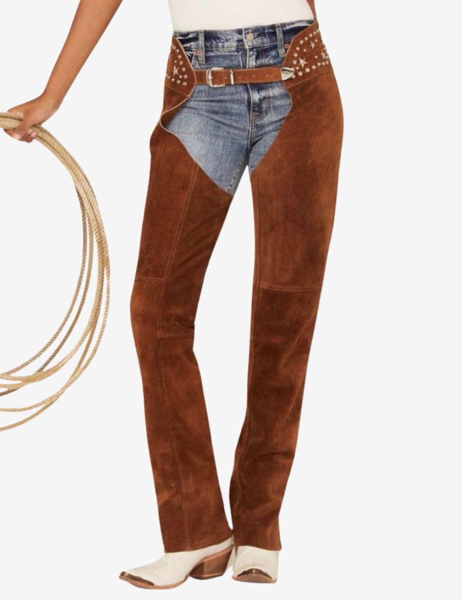 brown suede ladies western riding chaps with star stud accents and smooth leather finish.