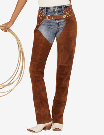 brown suede ladies western riding chaps with star stud accents and smooth leather finish.