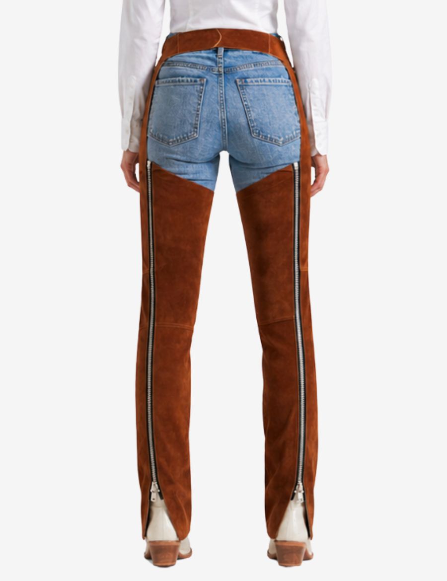 Back view of brown suede western chaps featuring full side zippers and tailored riding fit.