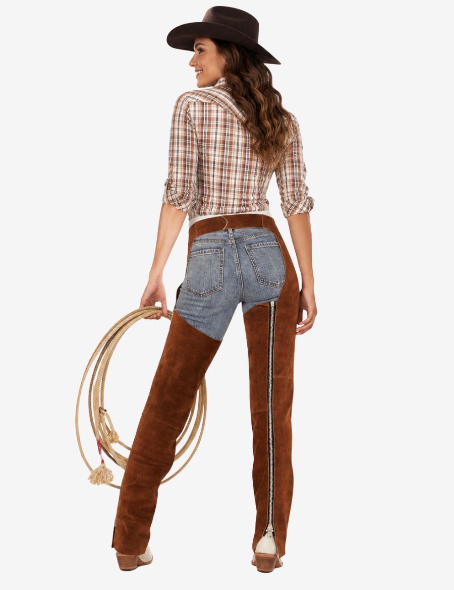 Back model view of brown suede western riding chaps with slim western silhouette and zipper detailing.