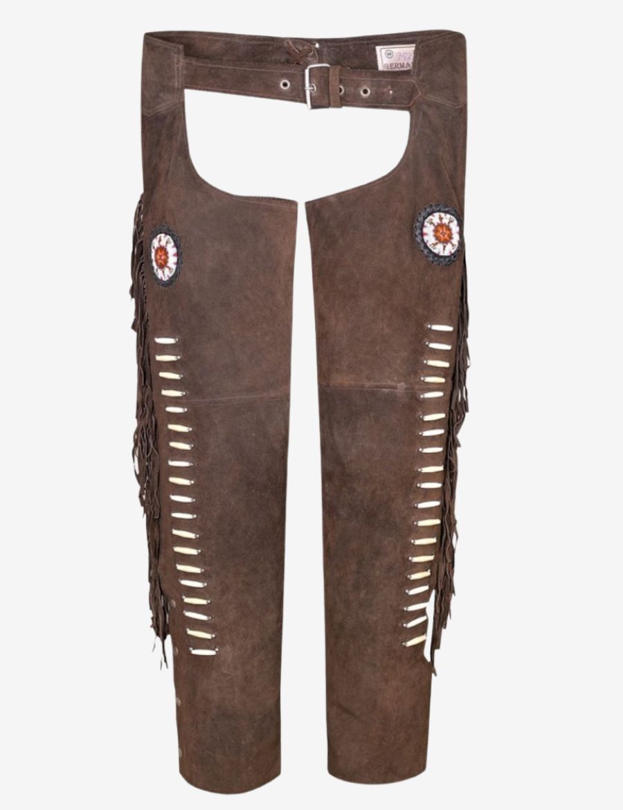 Front view of brown suede women western chaps featuring fringe sides and decorative cutout western design.