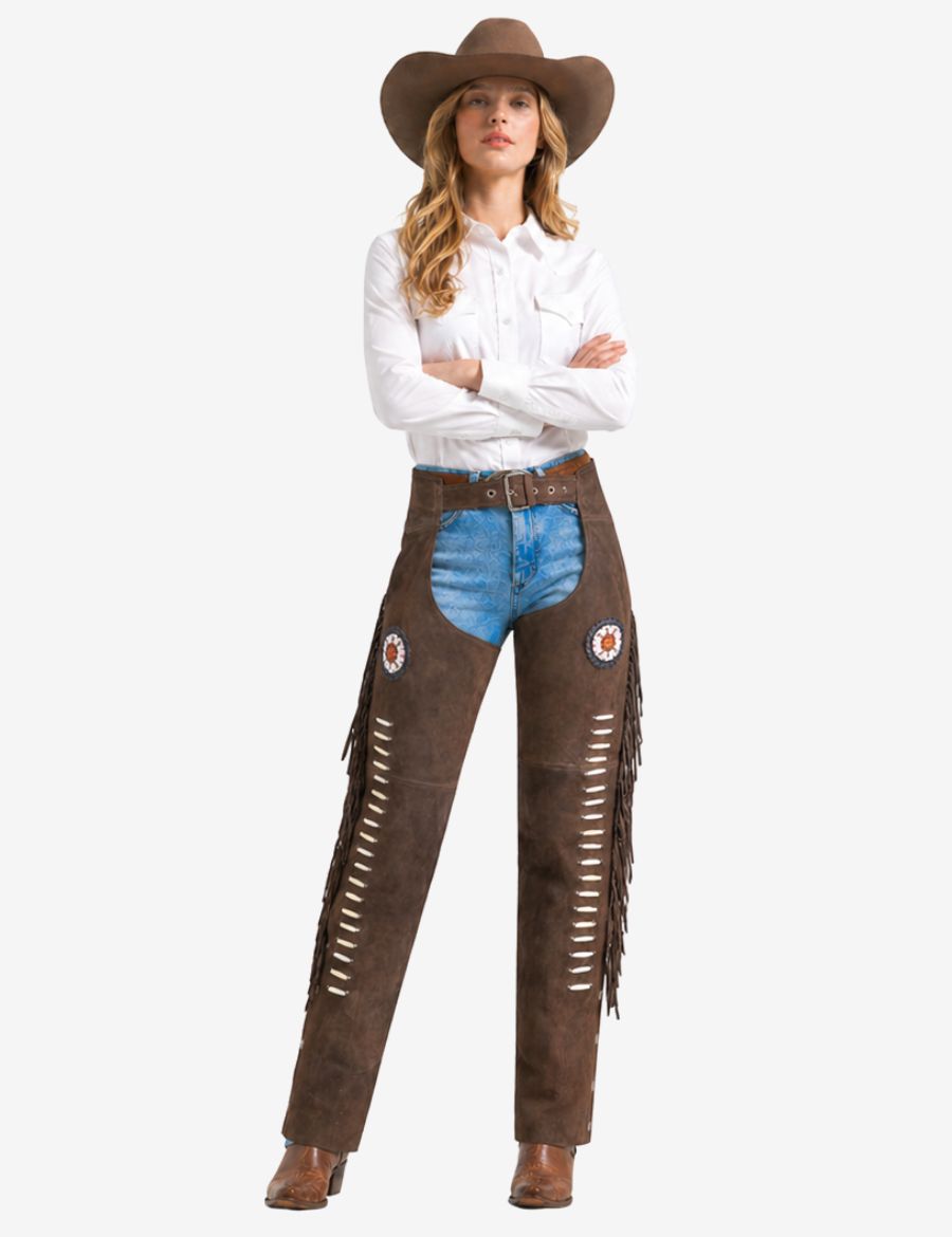 brown suede women western chaps with fringe and cutout detailing in classic cowgirl style.
