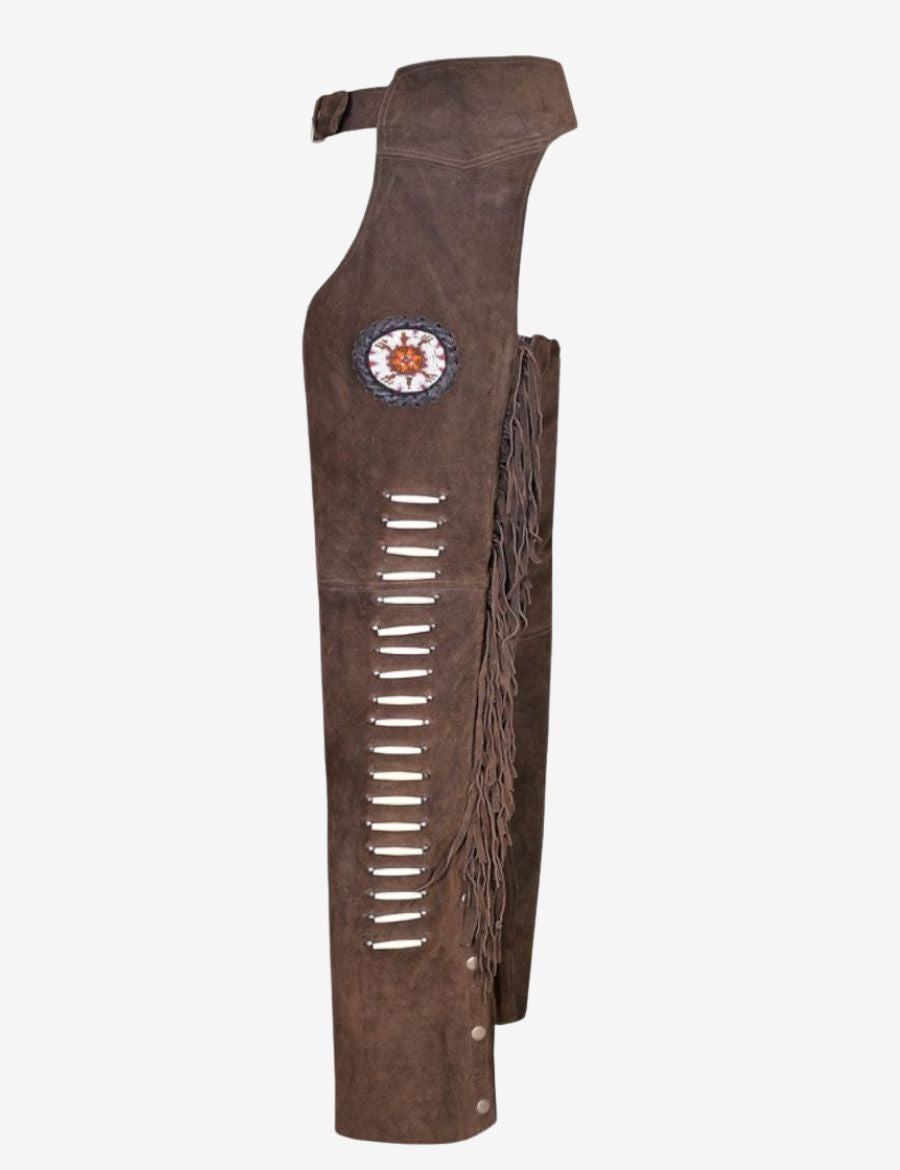 Side profile of brown suede women western chaps with long fringe and handcrafted western detailing.
