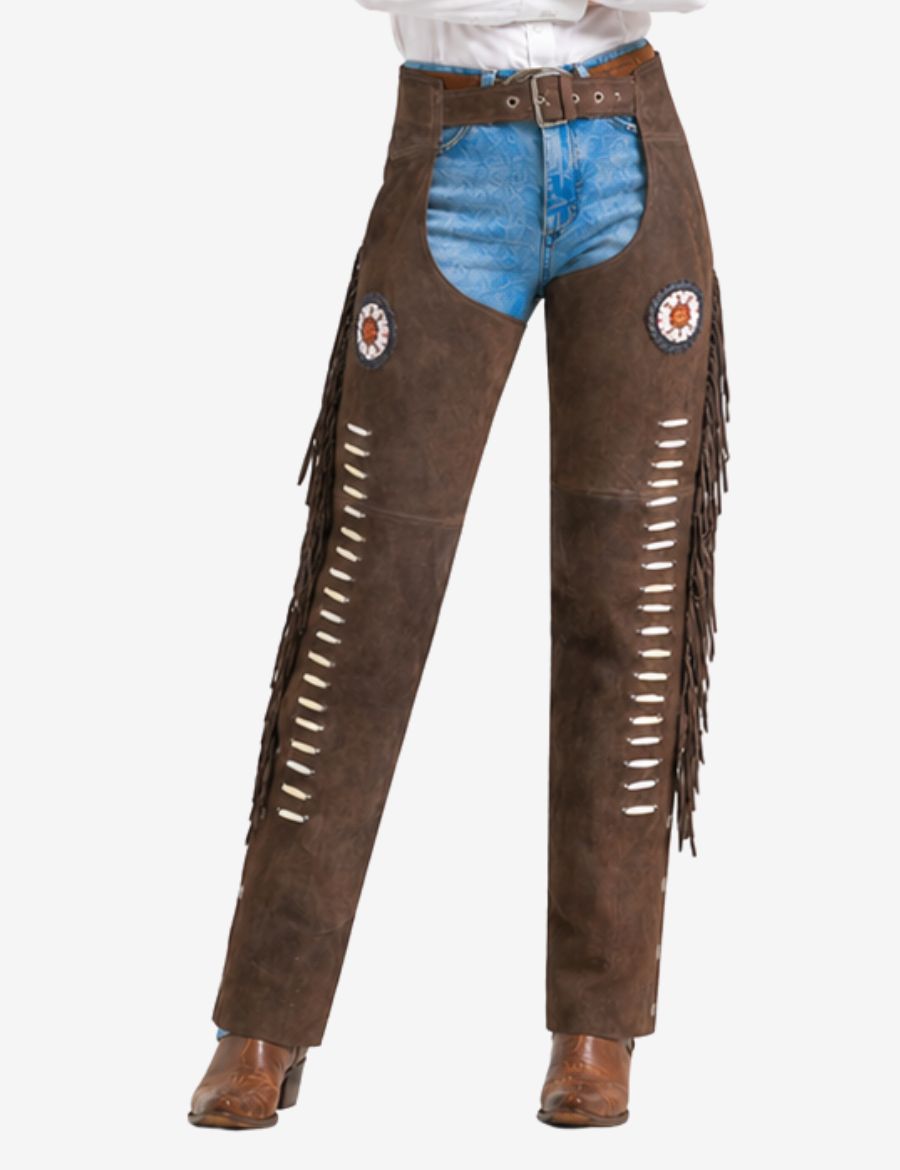 brown suede women western chaps with fringe and cutout detailing in classic cowgirl style.