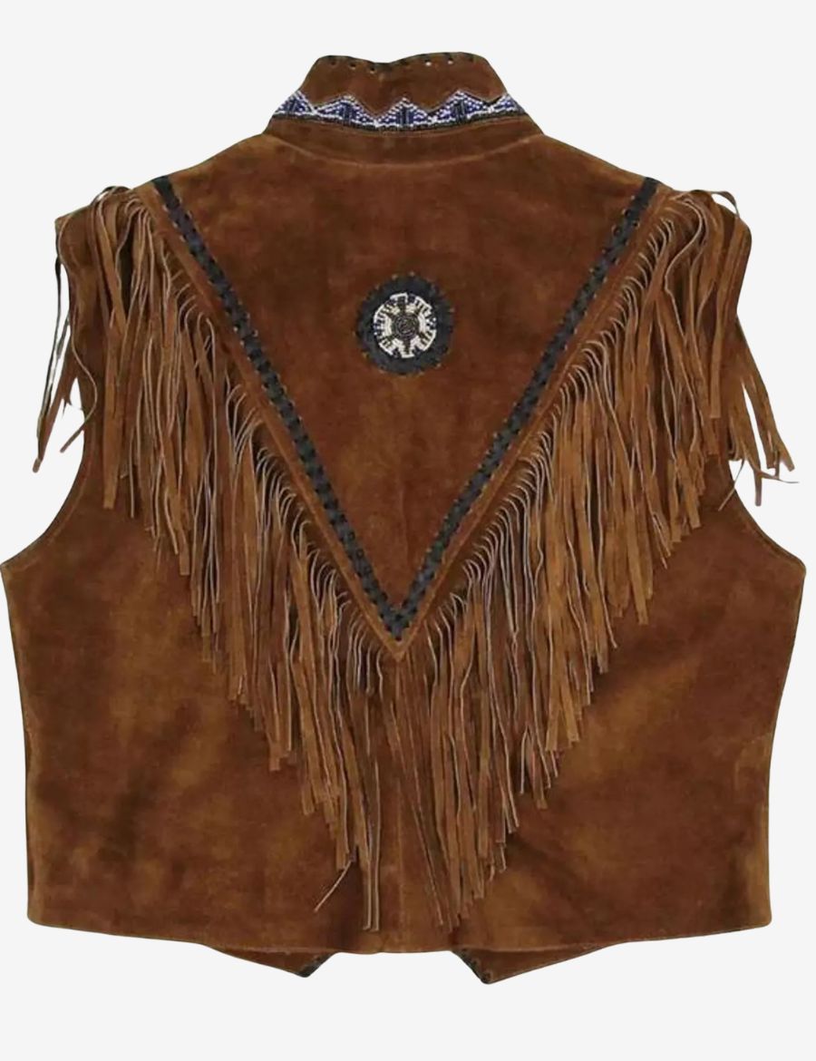 Back view of brown suede womens western vest showcasing a dramatic fringe yoke design, decorative beadwork detail, premium suede construction, and authentic western fashion appeal.