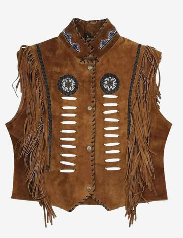 Front view of brown suede womens western vest featuring premium suede leather, fringe shoulder accents, beadwork details, lace-trimmed edges, and authentic western-inspired craftsmanship.