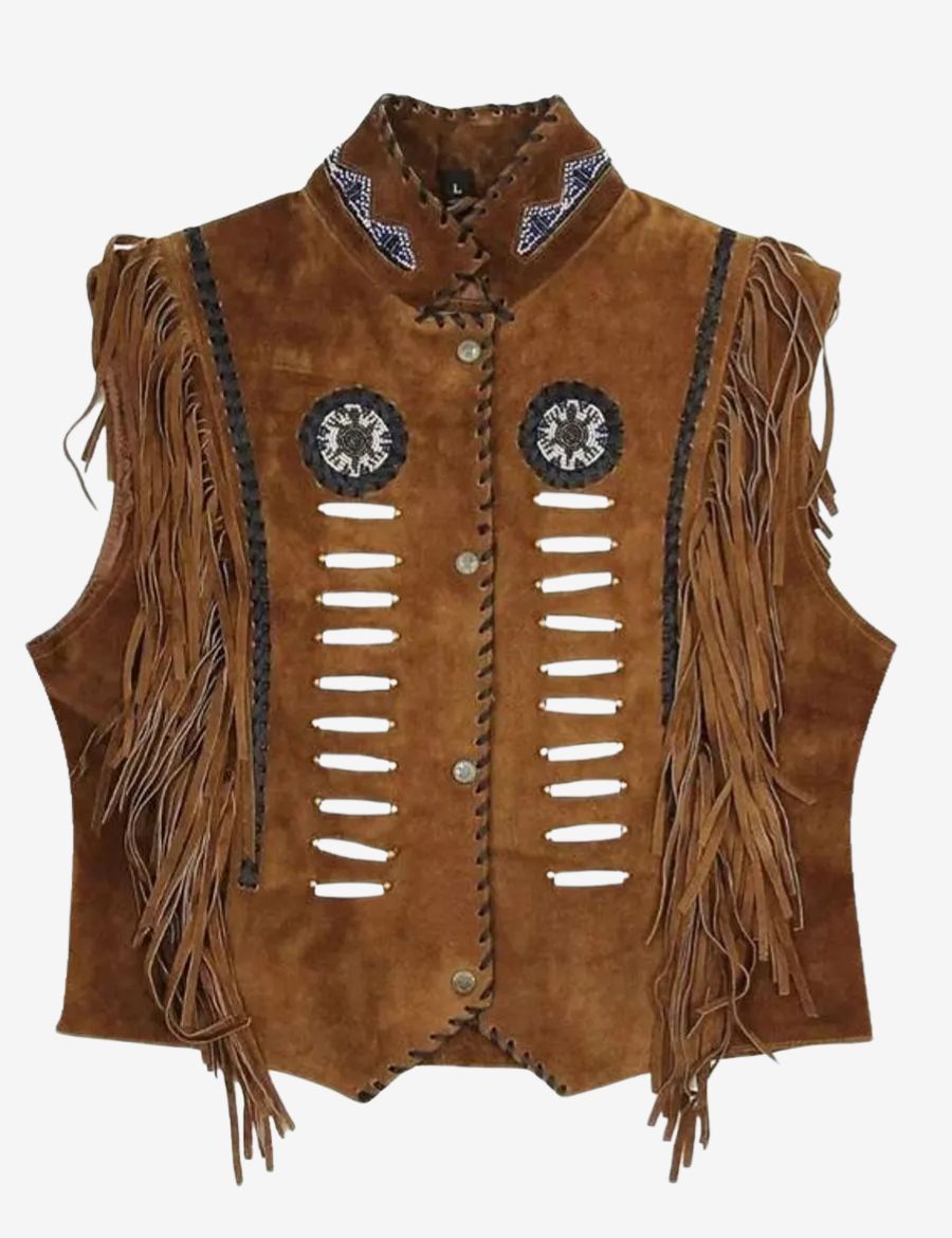 Front view of brown suede womens western vest featuring premium suede leather, fringe shoulder accents, beadwork details, lace-trimmed edges, and authentic western-inspired craftsmanship.