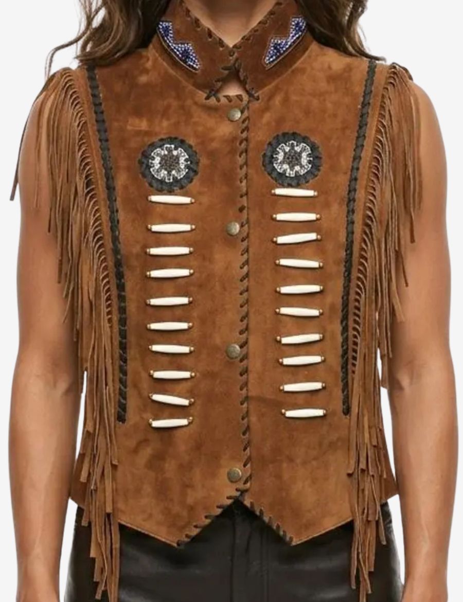 Front view of brown suede womens western vest featuring premium suede leather, fringe shoulder accents, beadwork details, lace-trimmed edges, and authentic western-inspired craftsmanship.