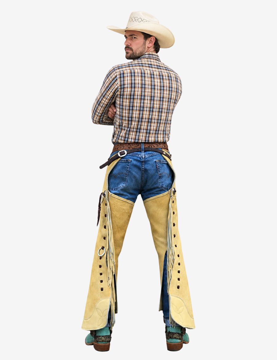 Back model view of buckaroo cowboy chink chaps featuring long suede fringe and rodeo inspired detailing.