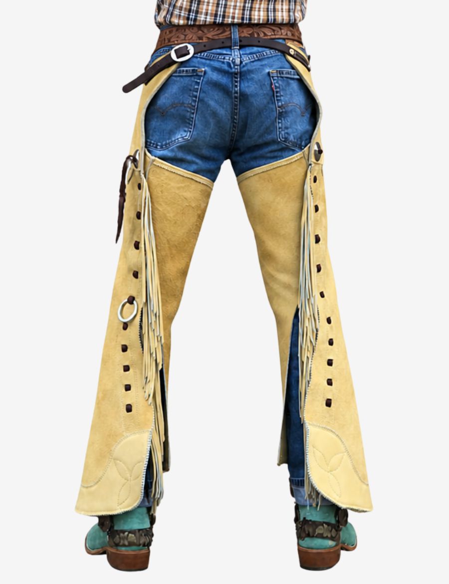 back view of buckaroo cowboy chink chaps with cream suede finish and handcrafted fringe accents.