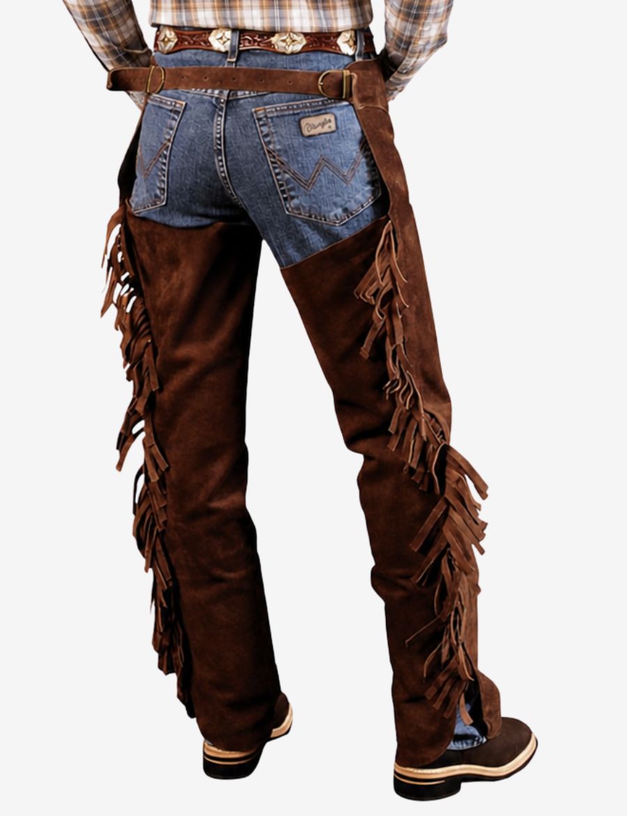 Angled back view of brown suede Buckaroo style fringe chaps with long western fringe accents.
