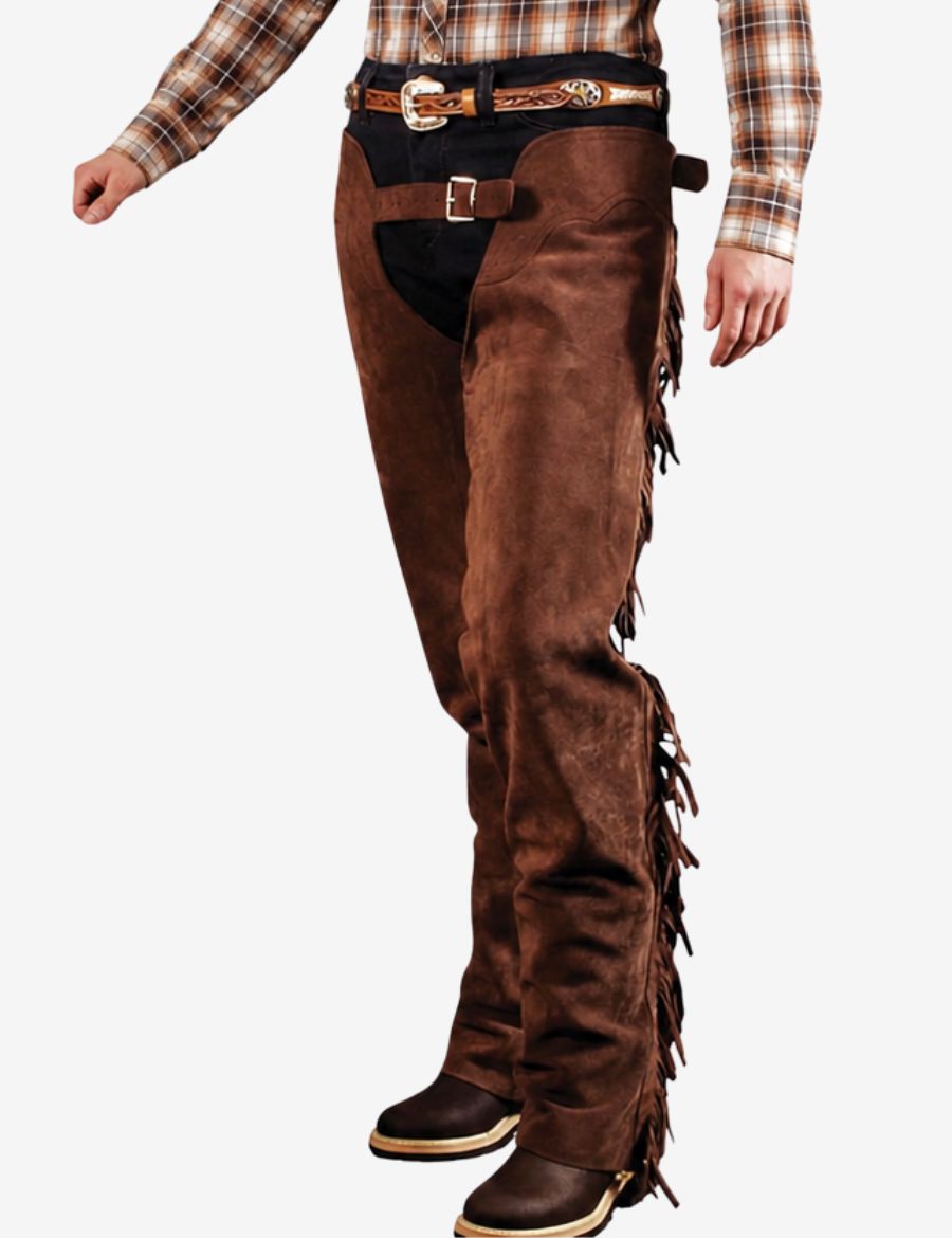 Angled front close-up of Buckaroo style brown suede fringe chaps with western strap detail.