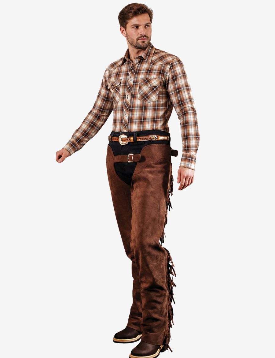 Model wearing Buckaroo style brown suede fringe chaps in angled front cowboy western look.