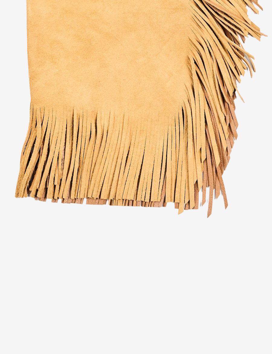 Bottom fringe detail of buckskin chinks chaps featuring soft suede leather and traditional cowboy styling.