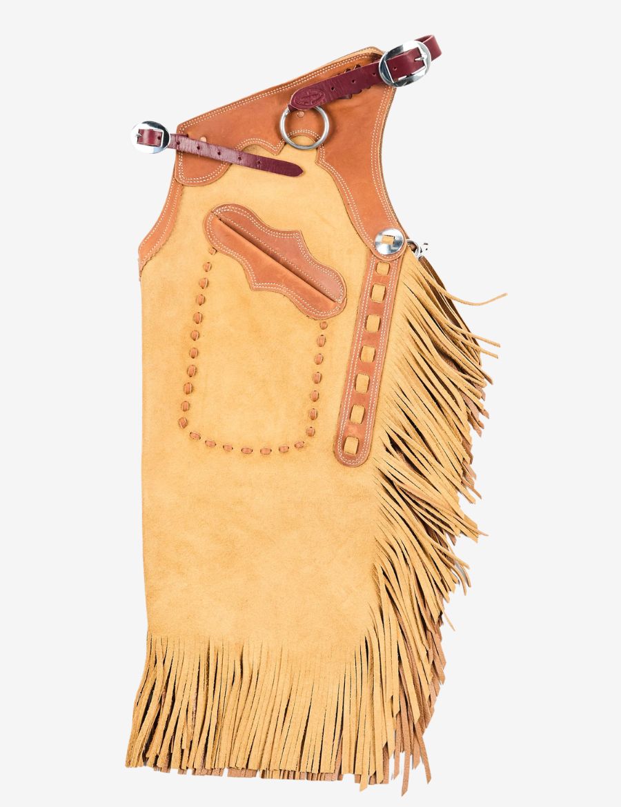 Front view of buckskin chinks chaps with fringe featuring suede leather, western styling, and rodeo design.