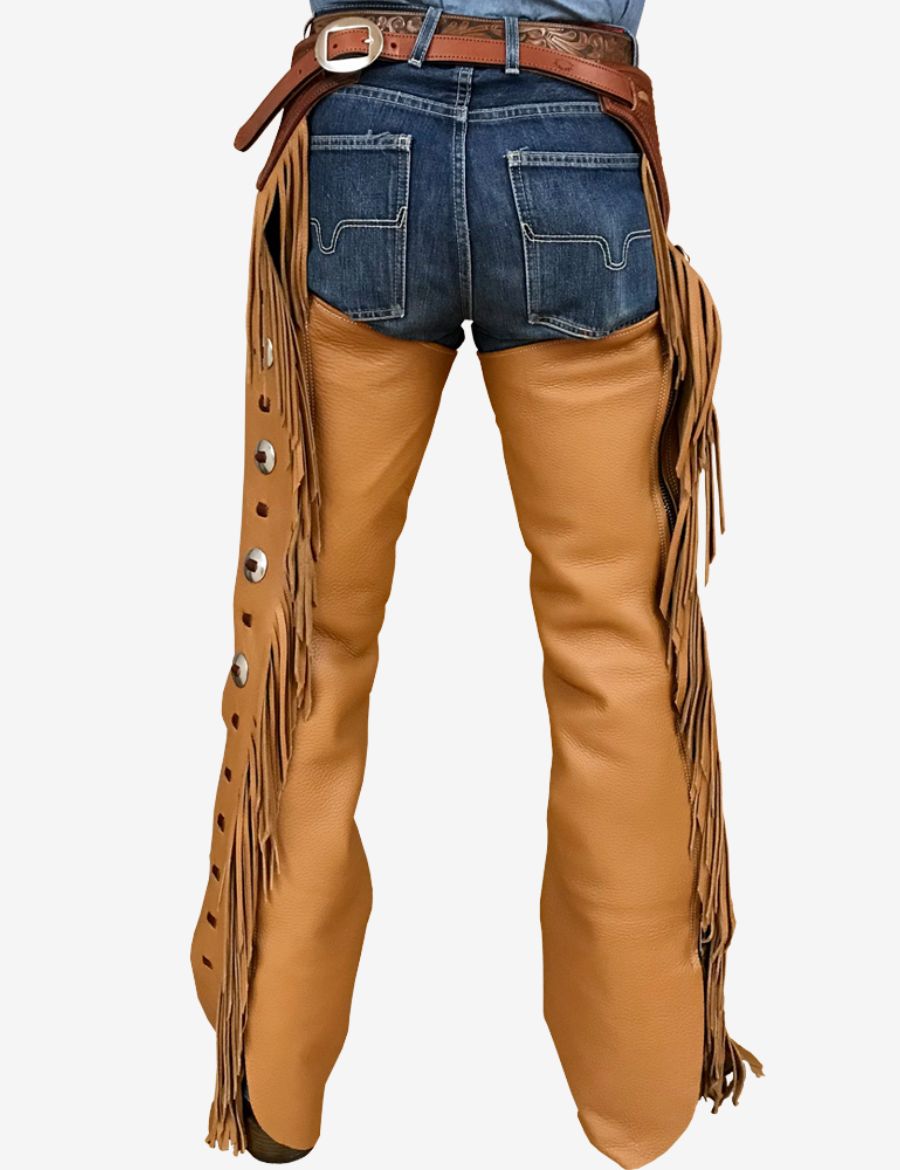 Back view of camel brown western shotgun chaps featuring long fringe details and durable cowboy leather styling.
