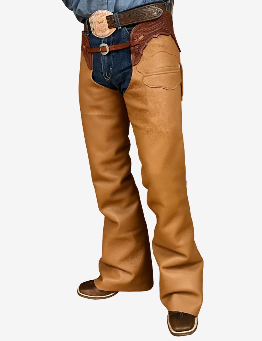 Front view of camel brown western leather shotgun chaps with smooth leather finish and classic cowboy riding fit.