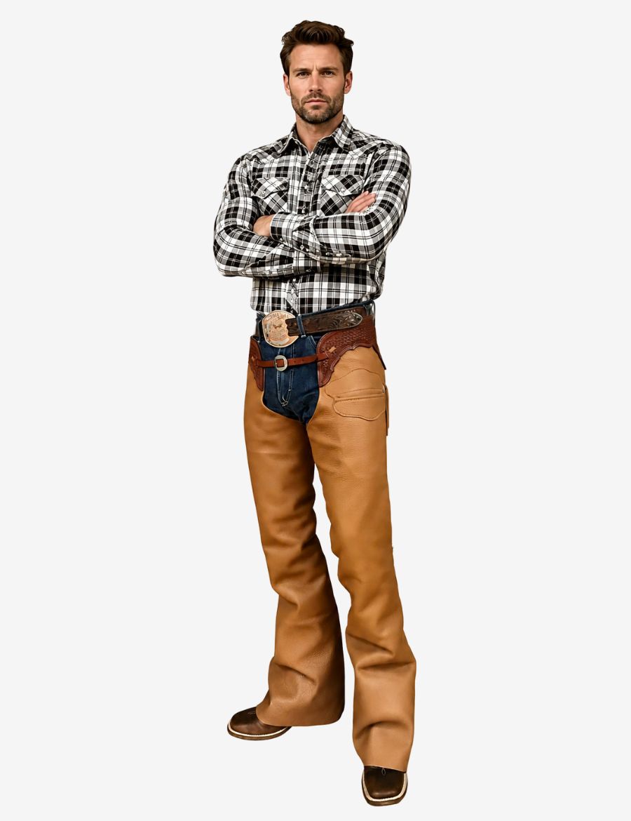 Male model wearing camel brown western leather shotgun chaps styled with cowboy shirt and traditional western belt.