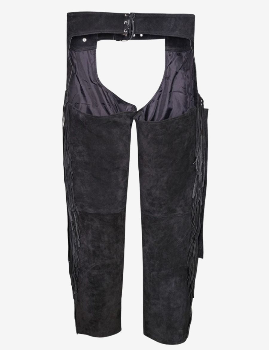 Back view of charcoal black western chaps for women with long fringe trim and adjustable waist closure.