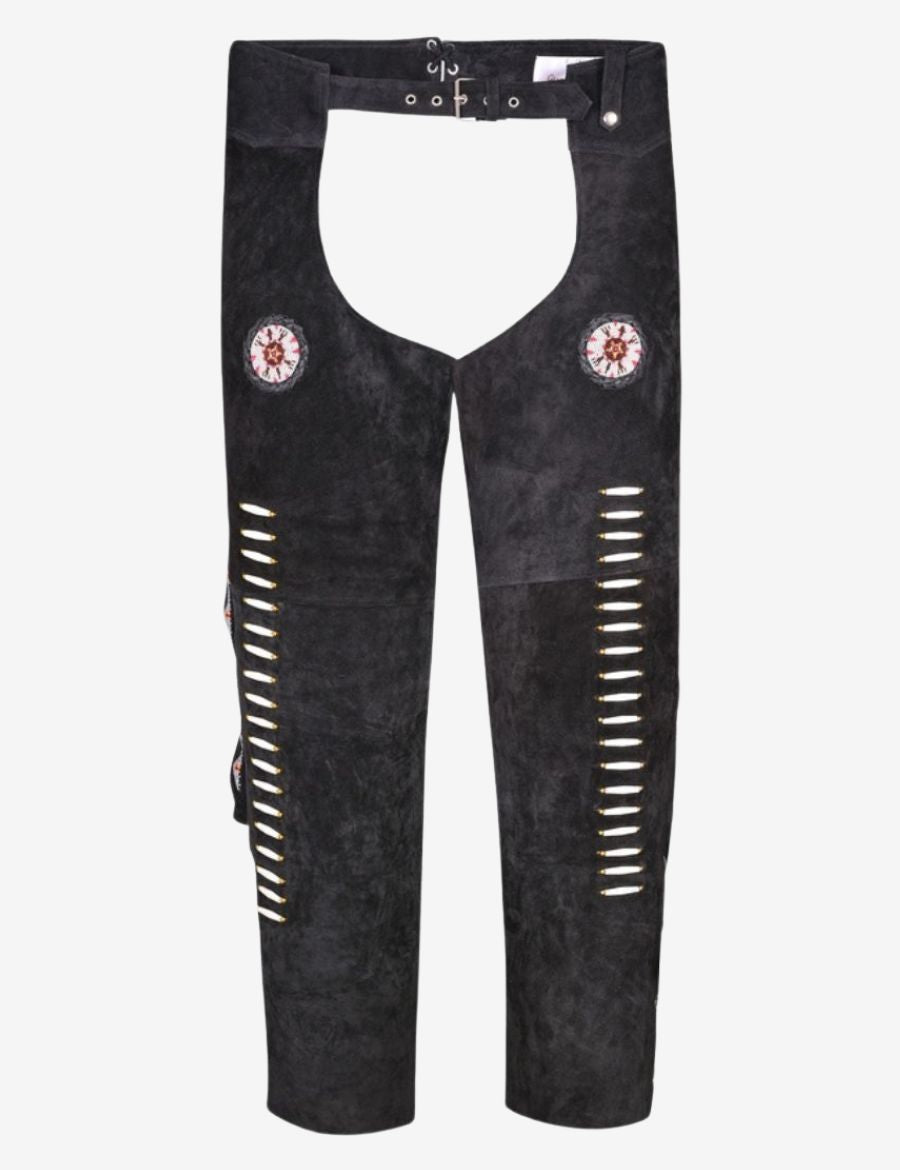 Front product view of charcoal black western chaps with suede texture and decorative western cutout accents.