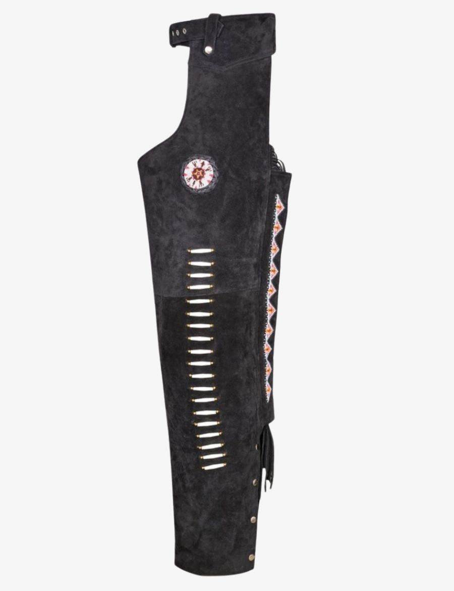 Side profile of charcoal black western chaps highlighting fringe styling and durable suede leather craftsmanship.
