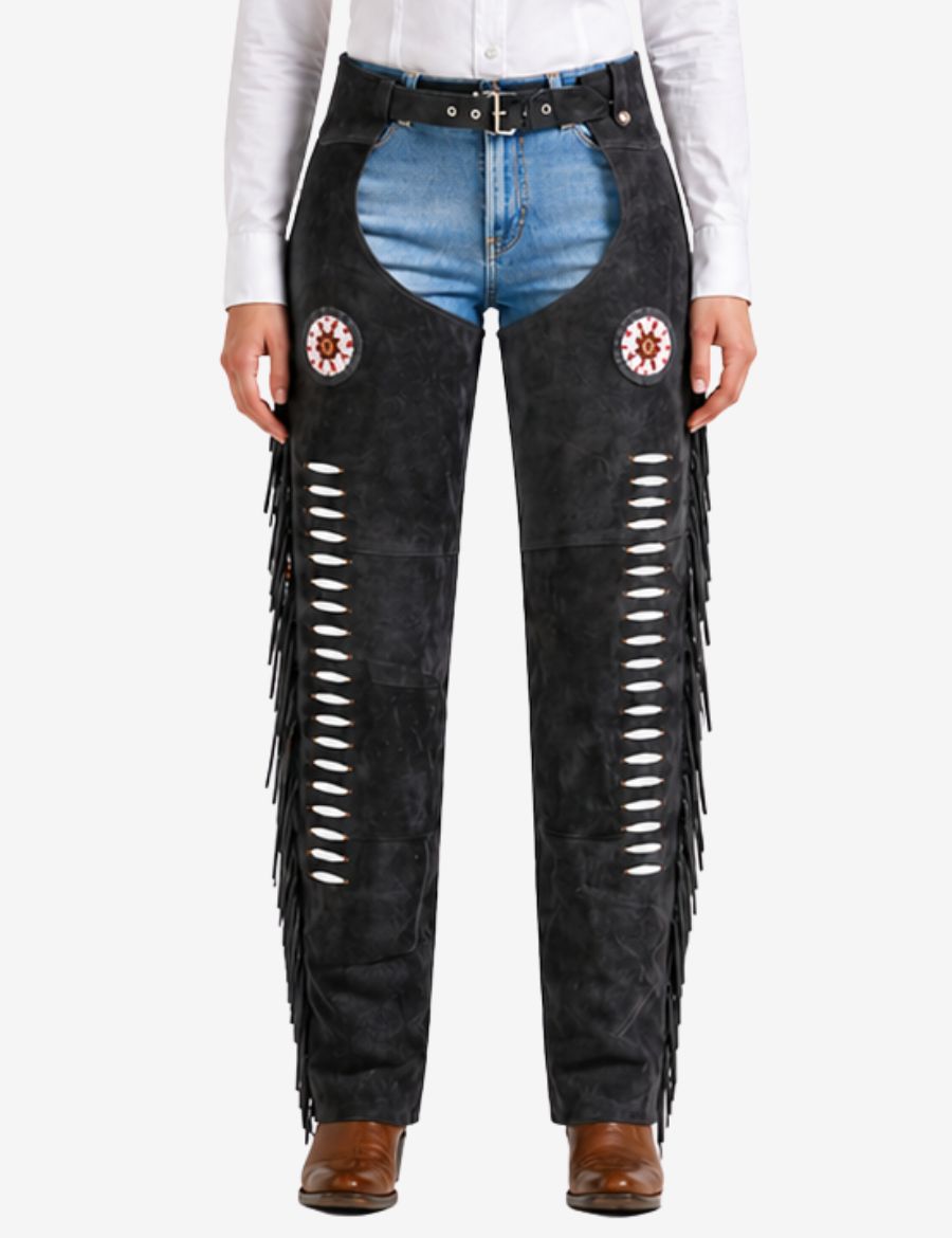 Front view of charcoal black western chaps for women featuring fringe details and traditional cowgirl styling.