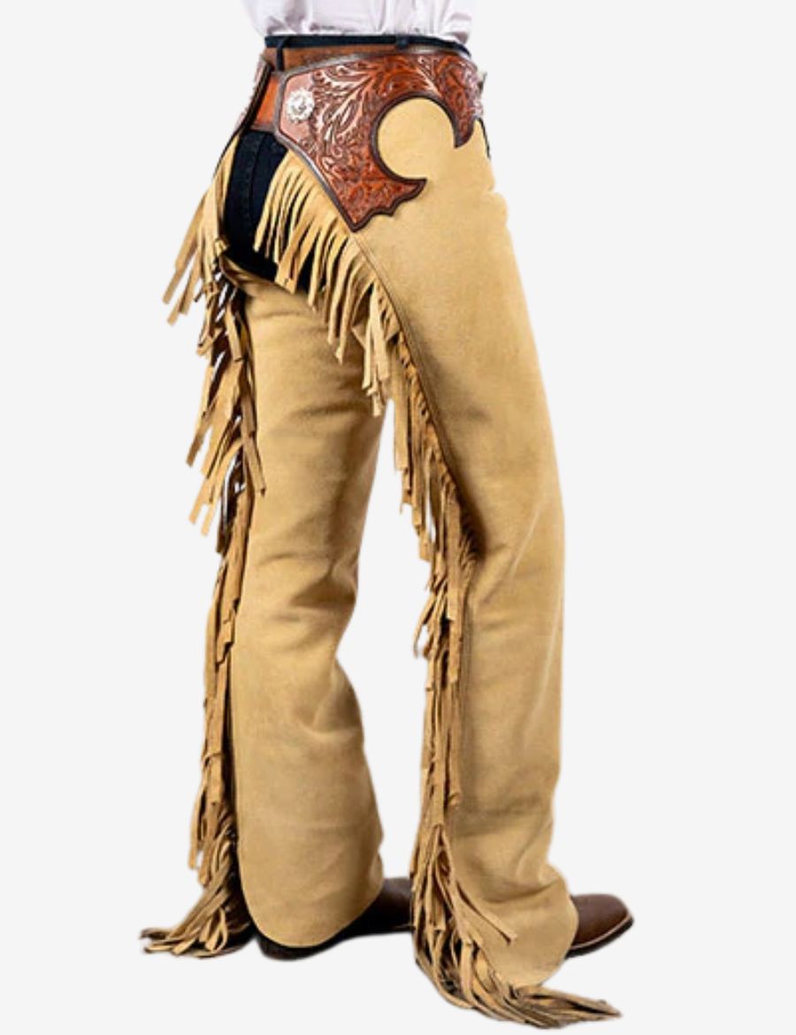 Back view of classic beige suede western chaps with flowing fringe design and detailed tooled leather yoke.
