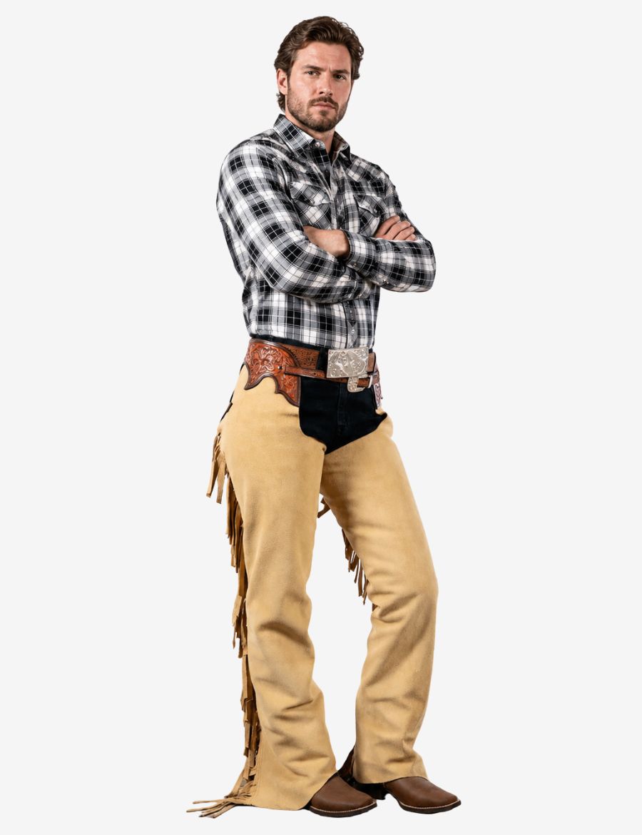Front model view of classic beige suede western chaps with smooth leather finish and traditional fringe accents.
