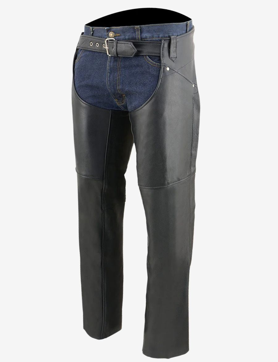 Angled view of womens classic motorcycle chaps showing structured leather panels, adjustable belt waist, and slim protective fit for riding.
