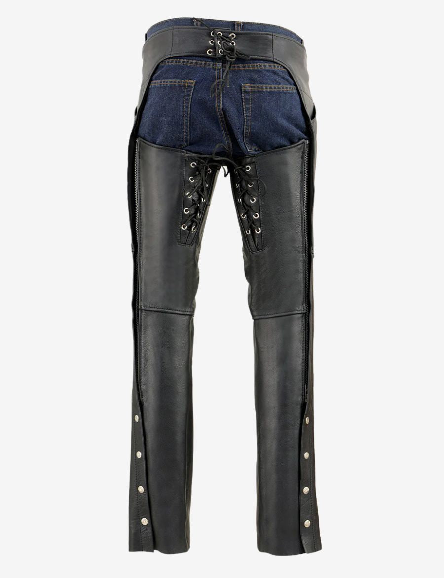 Back view of womens black leather riding chaps highlighting lace-up rear adjustment and full-length protective leg coverage.