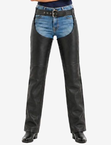 Close front view of womens black leather chaps featuring buckle waist closure, smooth leather finish, and reinforced riding protection panels.