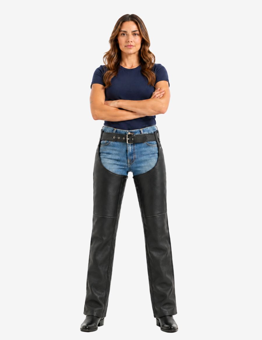 Front view of womens classic black leather motorcycle chaps worn by model with fitted waist belt and straight-leg protective riding design.