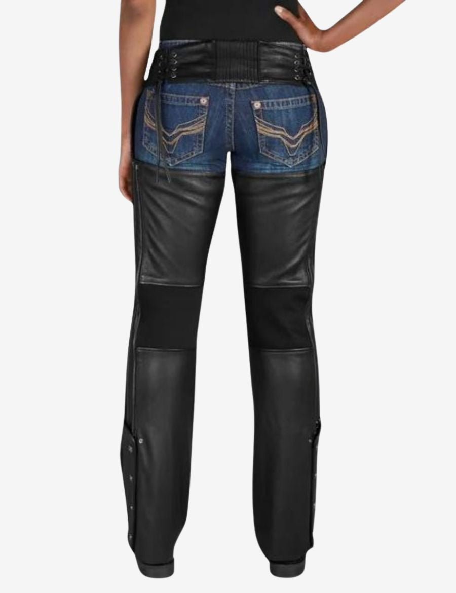 Back view of contour fit womens motorcycle chaps featuring stretch waistband, lace side adjustment, and leg protection.