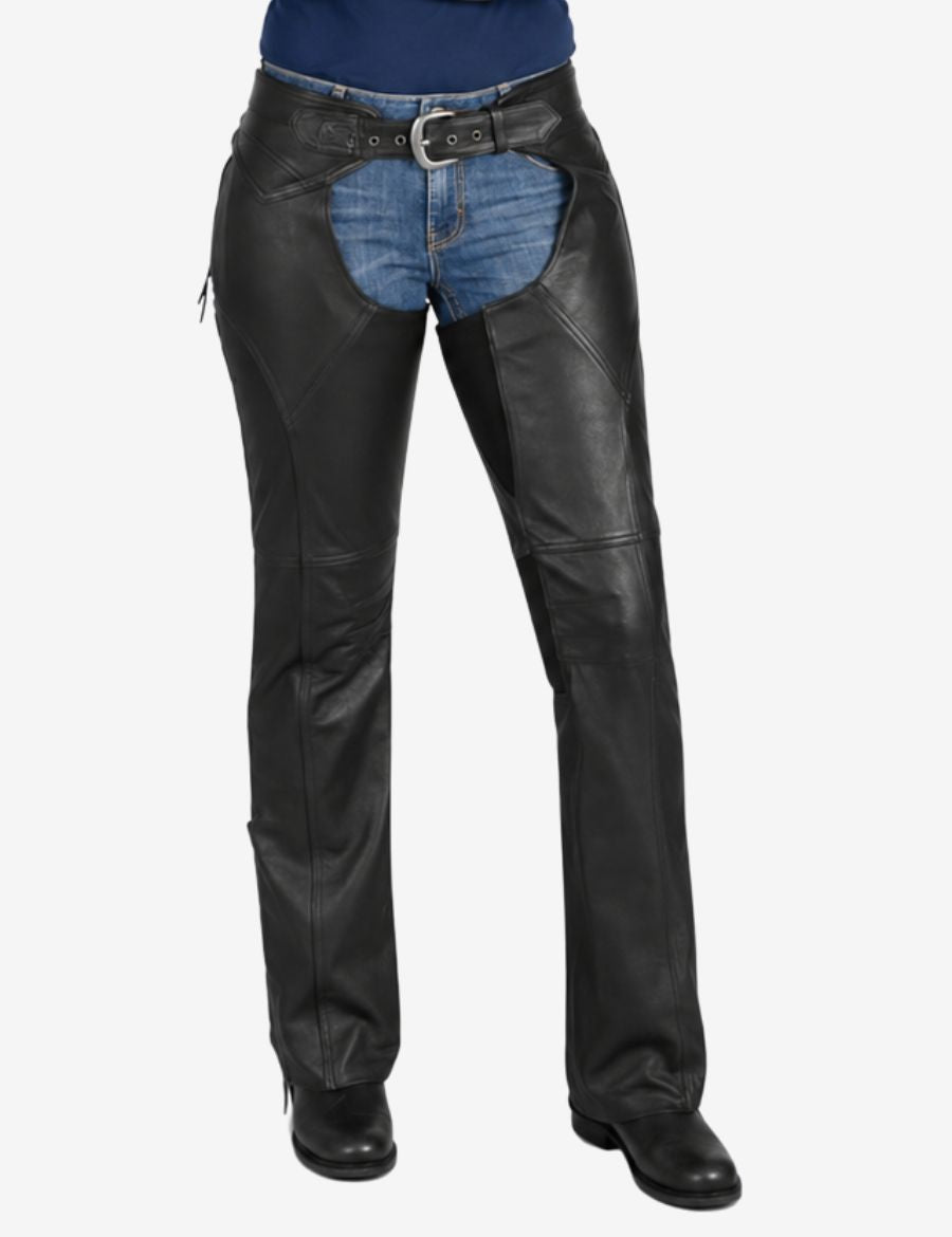 contour fit womens motorcycle chaps with sculpted leather panels, buckle waist, and streamlined riding fit.