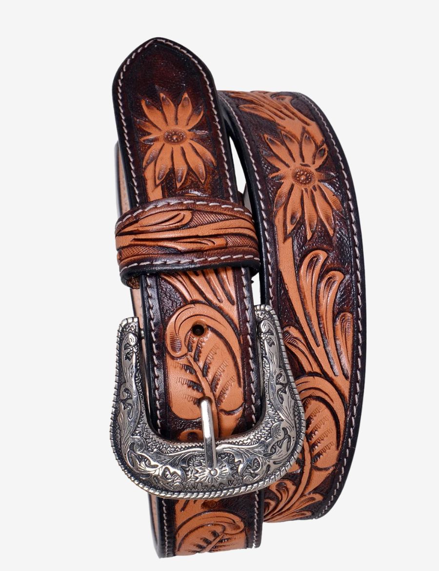 Cowboy western leather belt featuring hand carved floral tooling and an engraved silver buckle.