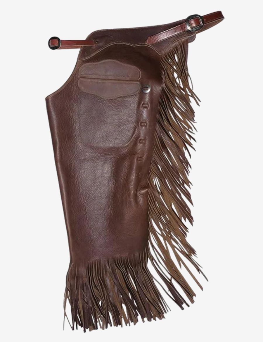Buy cowboy chinks chaps in oil tan leather with long fringe, rugged western styling, and durable ranch-ready construction.