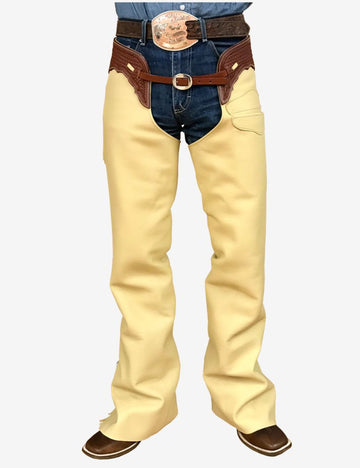 Front view of cream leather western shotgun chaps with smooth cowboy leather finish and traditional riding design.