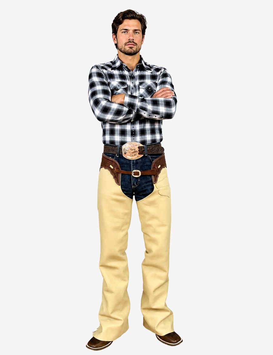 Male model wearing cream leather western shotgun chaps paired with cowboy shirt and authentic western riding outfit.