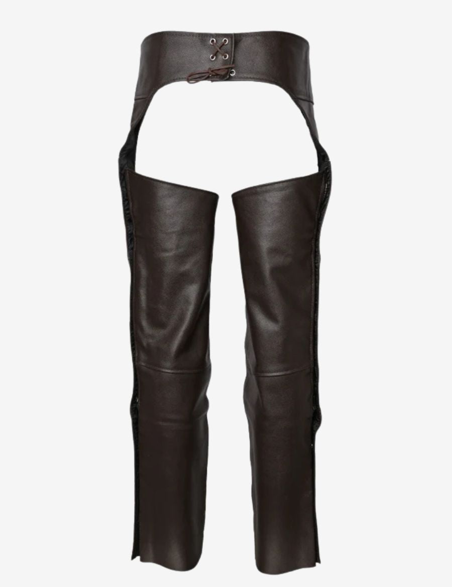 Back view of dark brown assless leather chaps for men with lace-up waistband and open rear biker design.