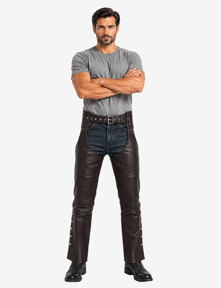 Front view of dark brown assless leather chaps for men featuring adjustable waist belt and straight leg biker style.