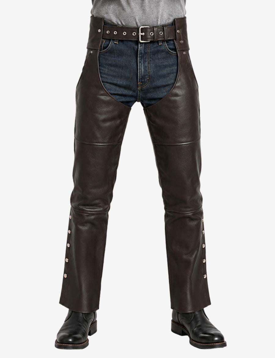 Front view of dark brown assless leather chaps for men featuring adjustable waist belt and straight leg biker style.