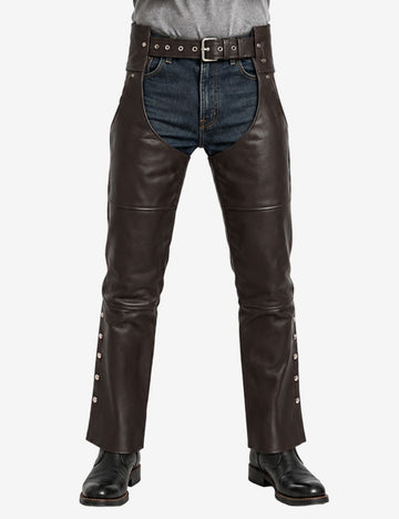 Front view of dark brown assless leather chaps for men featuring adjustable waist belt and straight leg biker style.