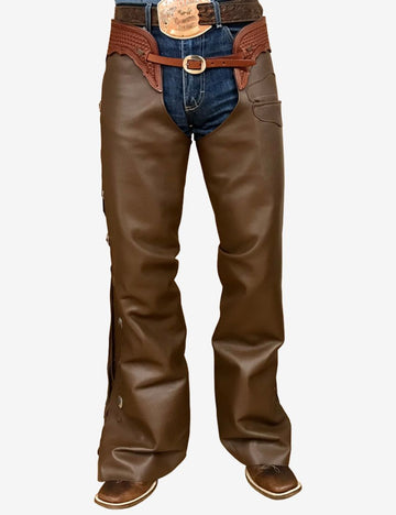 Front view of dark brown leather shotgun chaps with basketweave tooled yoke and traditional cowboy fit.